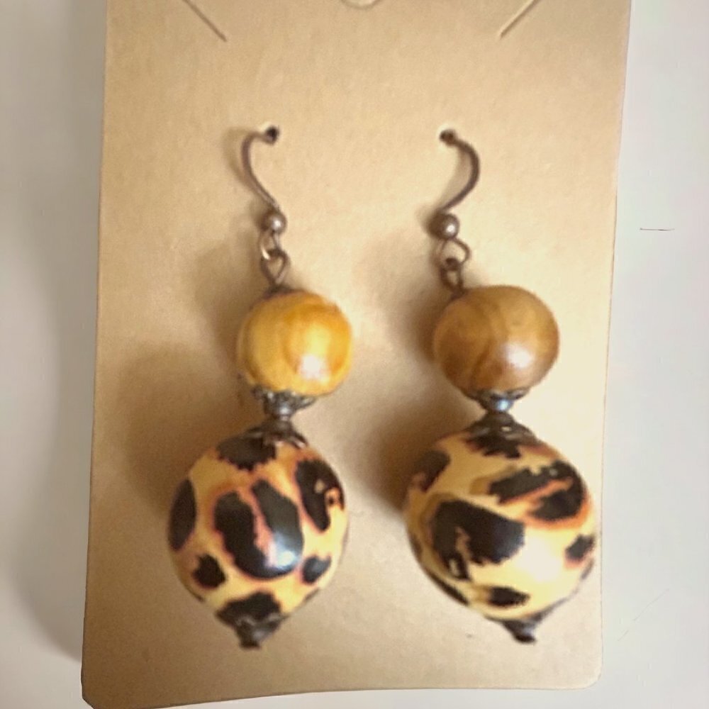 Wood Leopard Print Ball Drop Dangle Earrings
